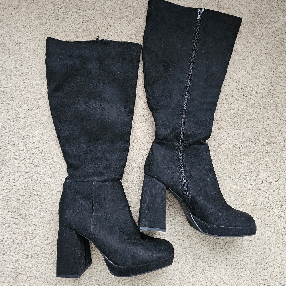 Rouge! black chunky high heel knee high platform boots faux suede size 7.5